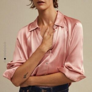 MANGO 100% Viscose Satiny Cropped Batwing Long Sleeve Button Front Blouse Sz 6
